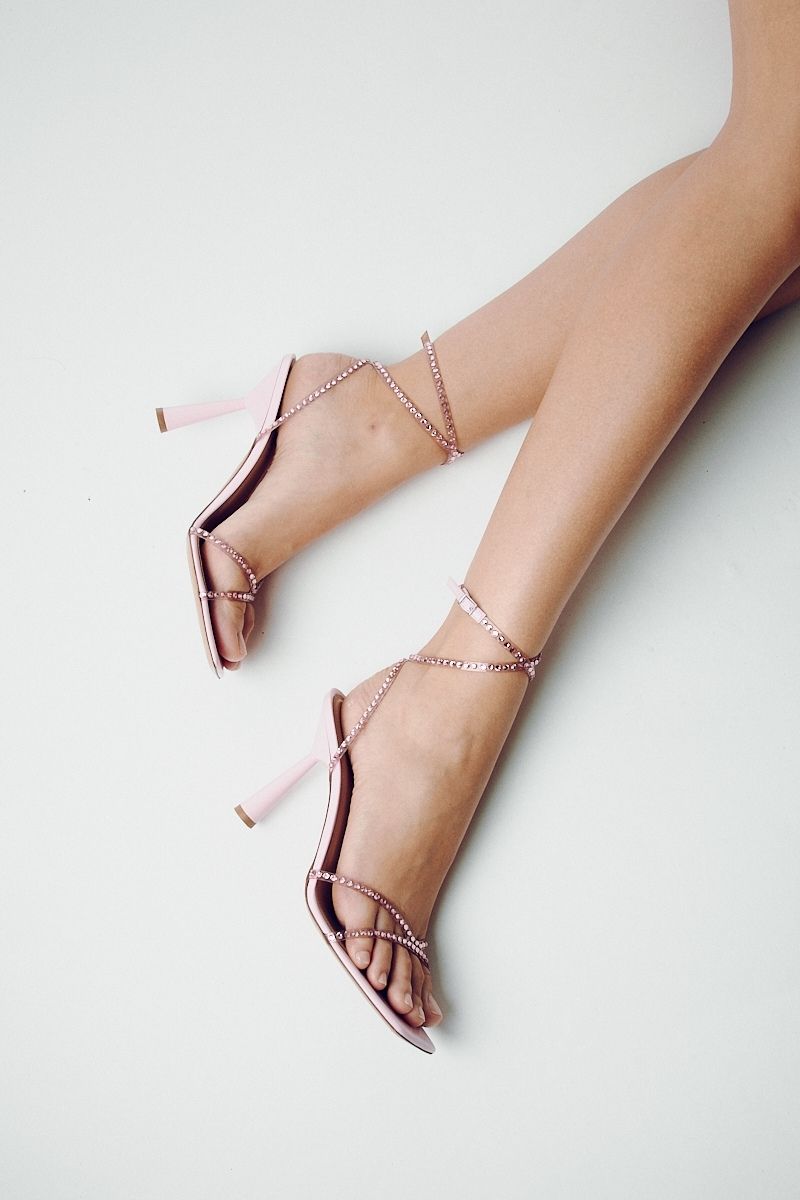 Kolane Kim sandal in rose pink with crystal accents, transparent straps and open toe design, stylish summer footwear.