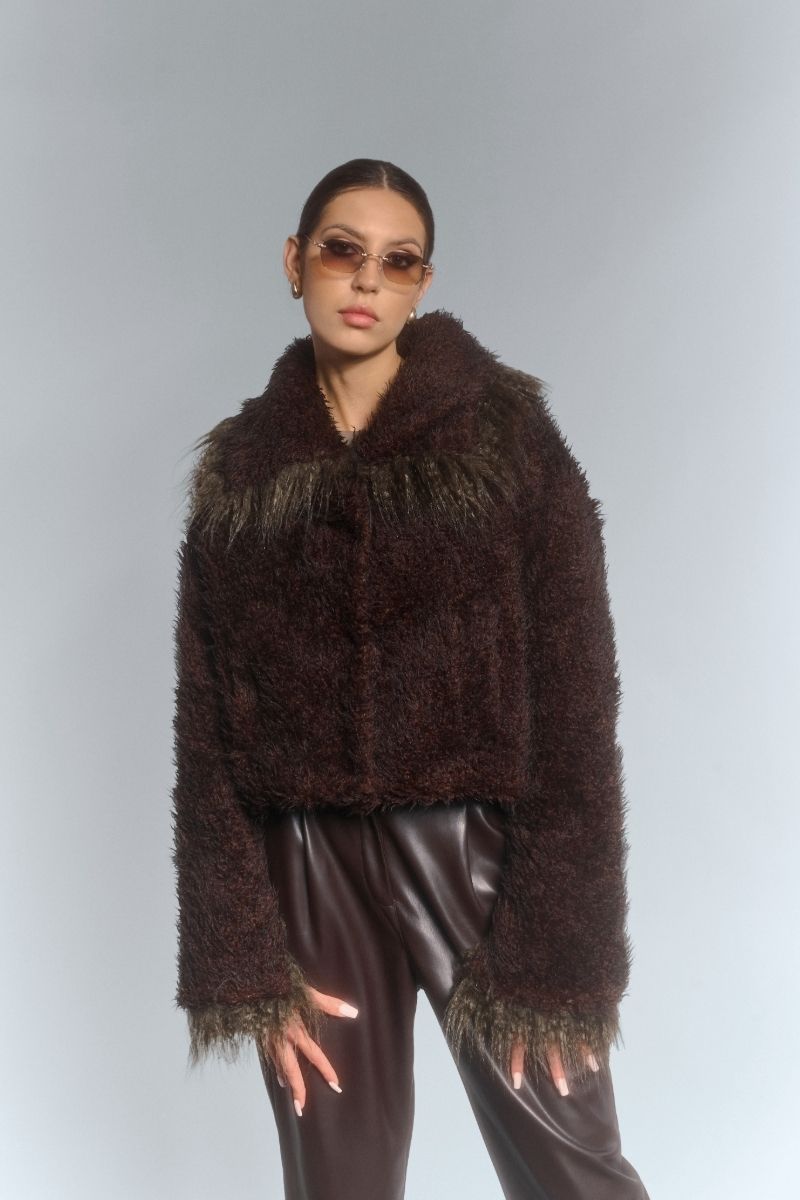 CROPPED FAUX FUR JACKET WITH TURN-UP CUFFS IN BROWN - CULT MIA