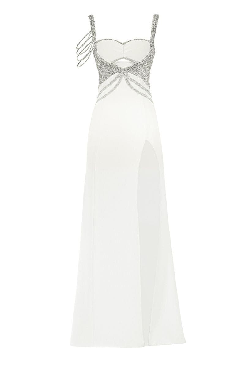 WHITE CRYSTAL-EMBELLISHED MAXI DRESS - CULT MIA