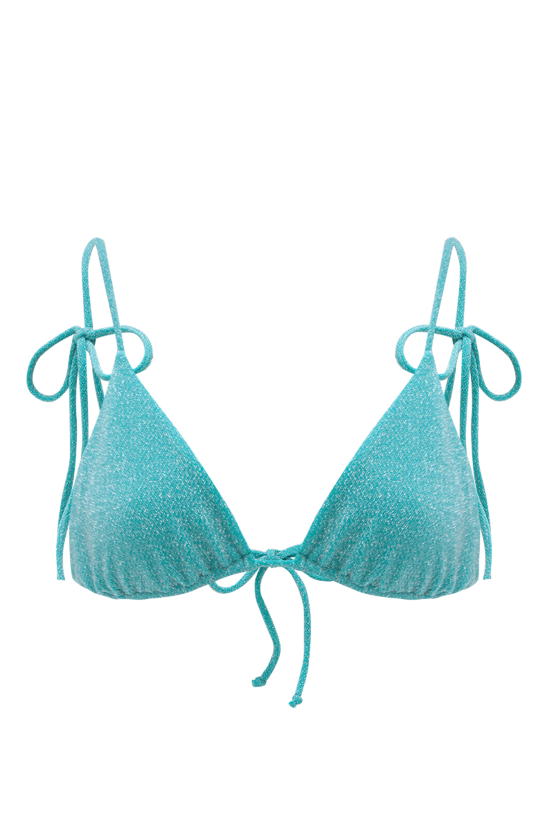 Suncillo Claudia sparkly turquoise bikini top with shimmering fabric and adjustable straps, stylish swimwear for summer beachwear.