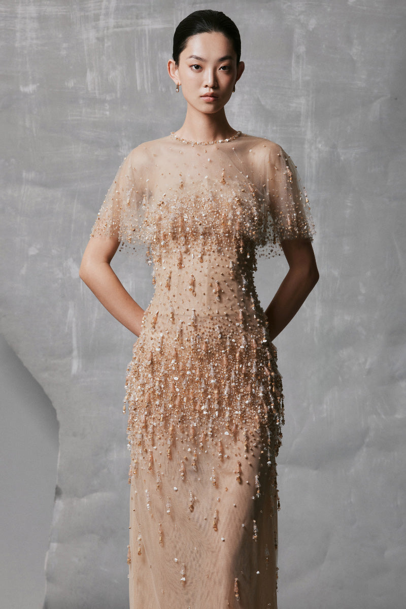 STRAIGHT LONG DRESS WITH SHEER MESH CAPE NECKLINE IN GOLD | Phan Huy