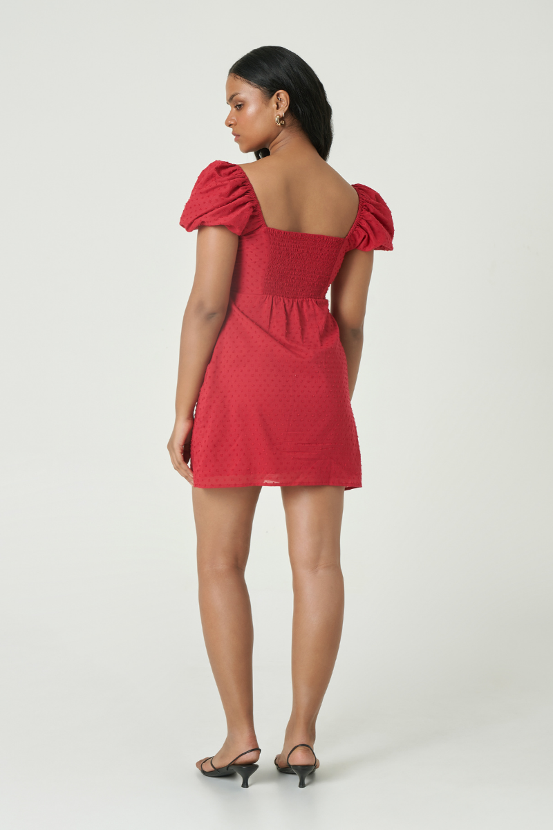 Summer Away Dominica mini dress in cherry with fitted silhouette and sleeveless design, perfect for warm weather.