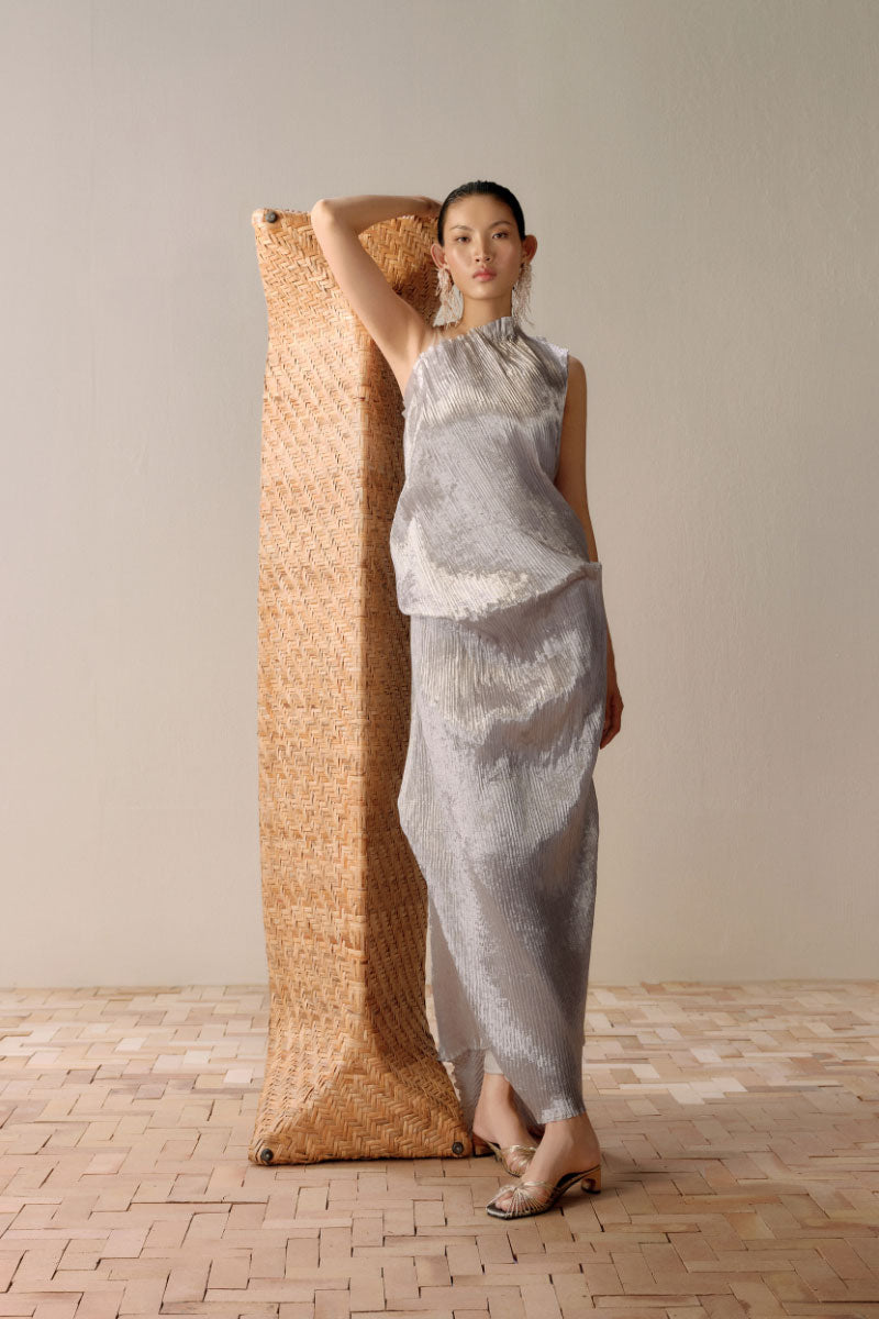 Silver Sand gown in silver, elegant maxi dress by Lecia featuring a flowing silhouette and shimmering fabric.