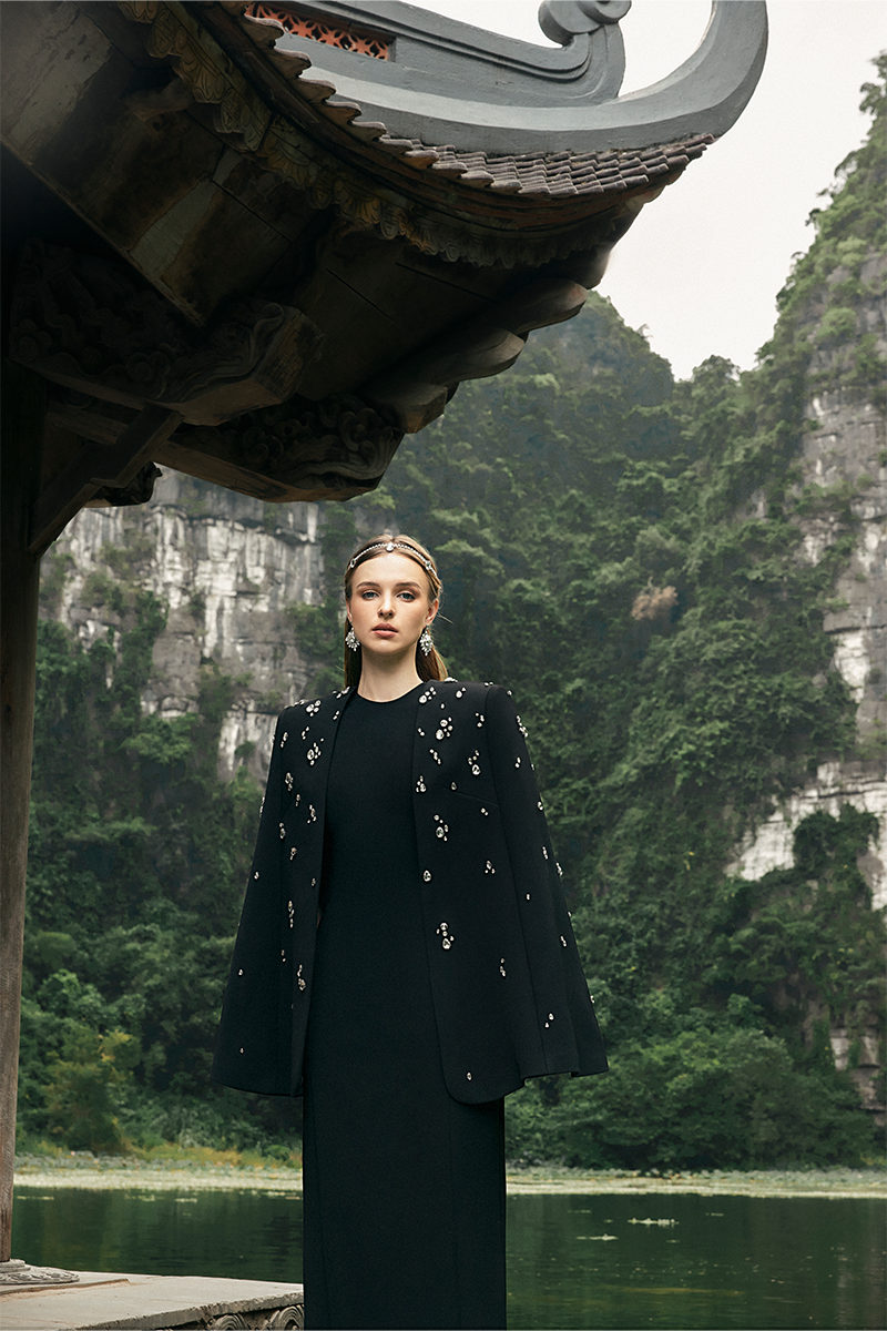 BLACK STRAIGHT ACROSS WITH CRYSTAL EMBELLISHMENTS GOWN - CULT MIA