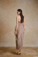 Elegant flux gown by Arti Apparel featuring flowing fabric and intricate detailing, perfect for formal occasions.
