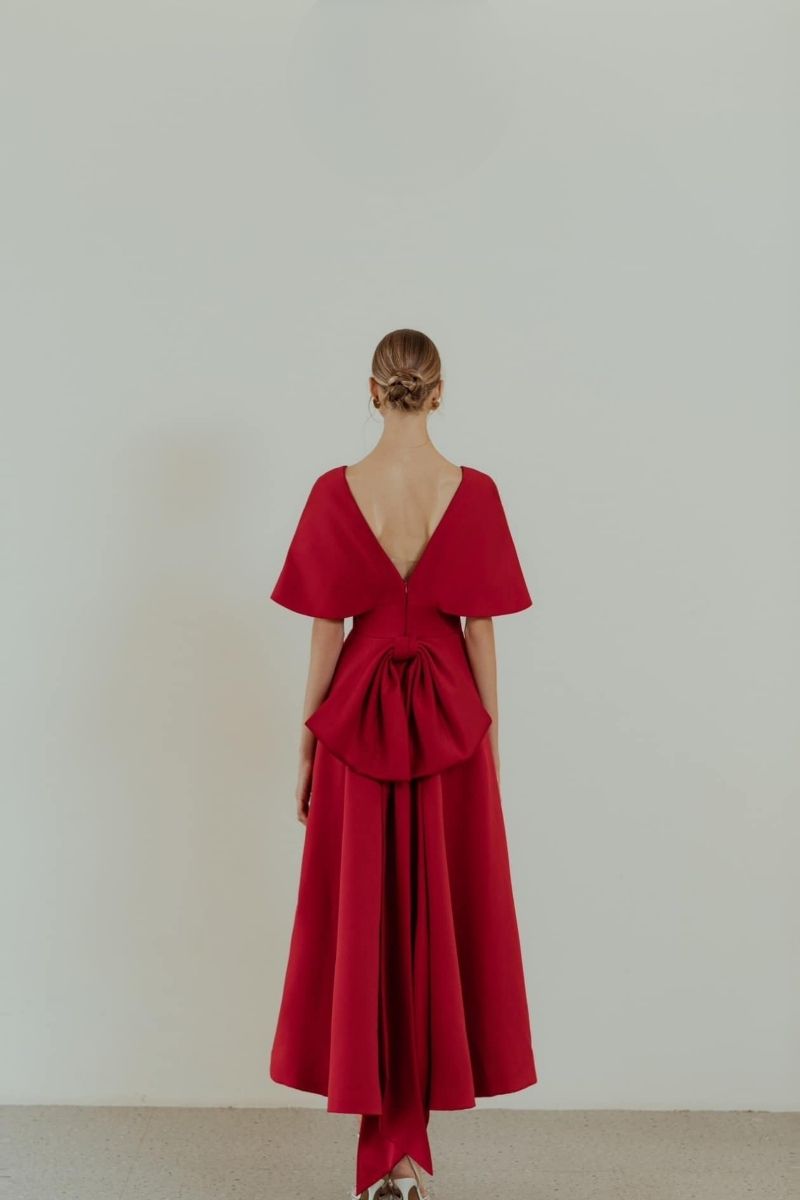 LIMA RED V-NECK PRINCESS MIDI DRESS - CULT MIA