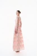 Blush pink embellished heart motif gown by Happy Clothing, featuring intricate details and elegant design.
