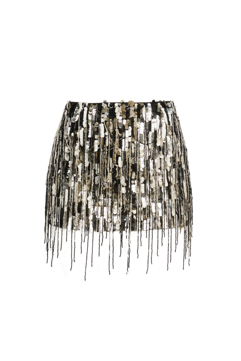 Black and silver Zari sequin mini skirt from Onalaja featuring shimmering metallic embellishments and a fitted waist.
