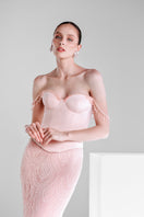 Elegant French lace corset gown by Monika Dimova featuring intricate lace details and a flowing silhouette.