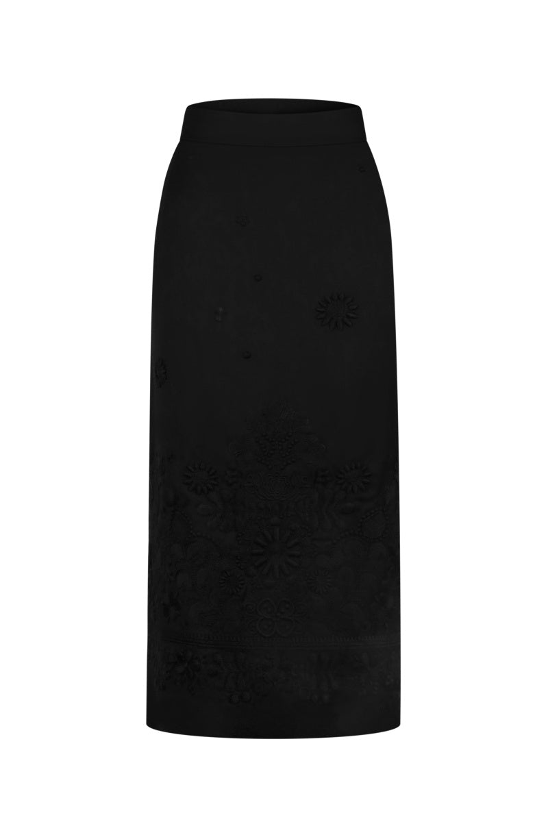 Black embroidered Plakhta midi skirt by Delegan, featuring intricate embroidery and a flowing midi-length design.
