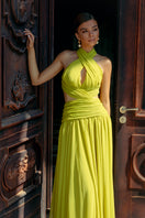 Monika Dimova Lima draped chiffon maxi dress with flowing fabric and elegant design, perfect for formal occasions.