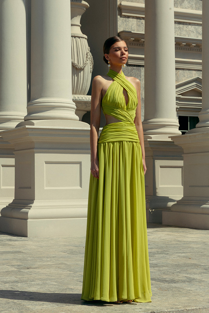 Monika Dimova lime draped chiffon maxi dress with flowing fabric and elegant design, perfect for formal or special occasions.