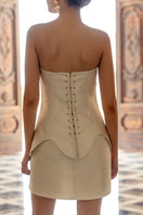 Ivory satin corset mini dress by Monika Dimova, featuring a fitted silhouette and elegant satin fabric.