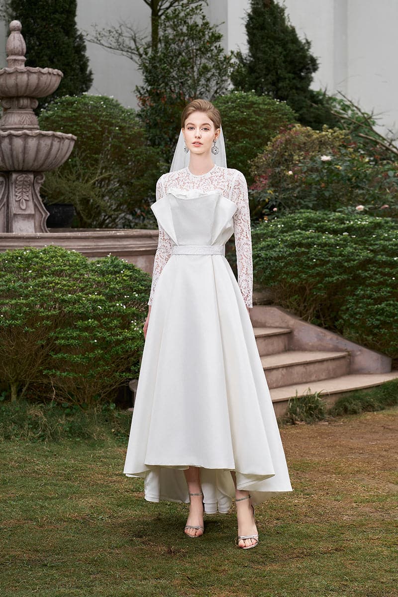 DRAPED BUSTIER TAFFETA GOWN WITH LONG LACE SLEEVES - CULT MIA