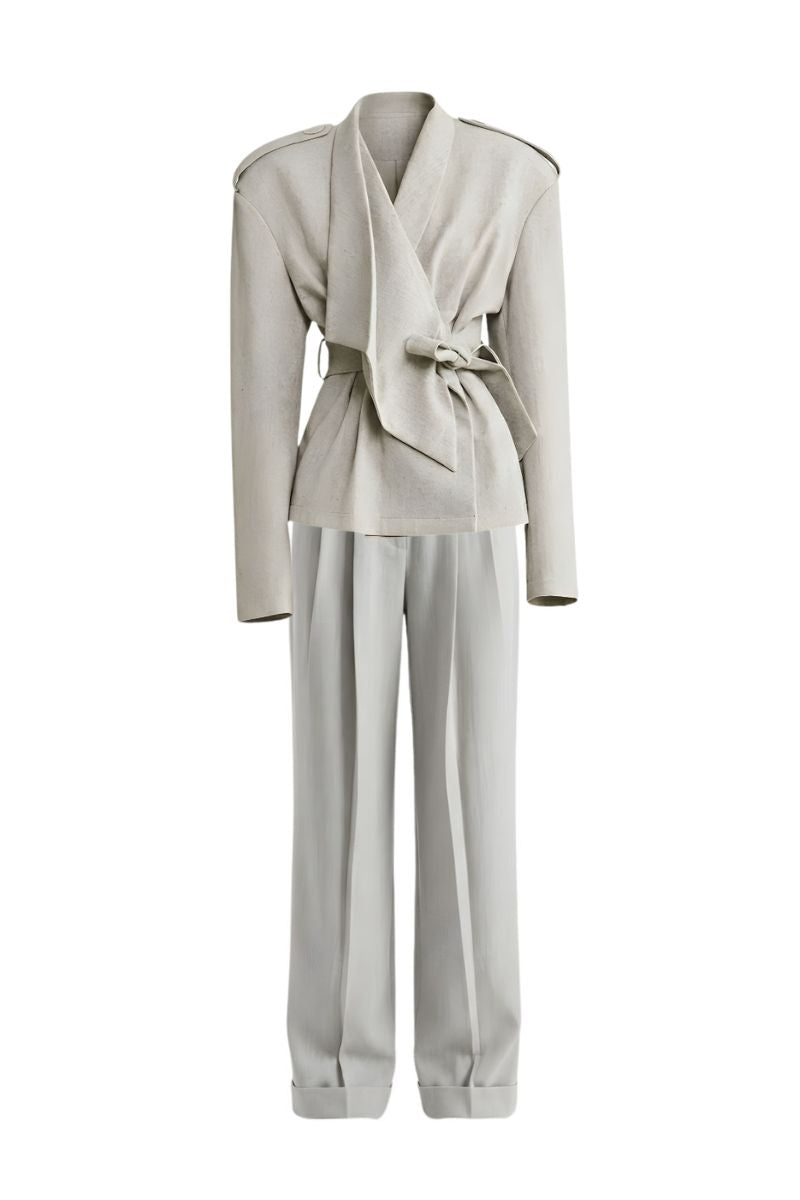 White Plan modern oriental structured co-ords set featuring a fitted top and matching pants with intricate patterns.