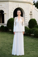 Tracy Studio velvet satin and chiffon gown co-ord set in deep jewel tones, featuring a flowing skirt and elegant top.