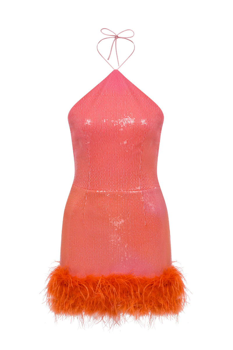 MINI HALTER NECK DRESS WITH FEATHERED HEM - CULT MIA