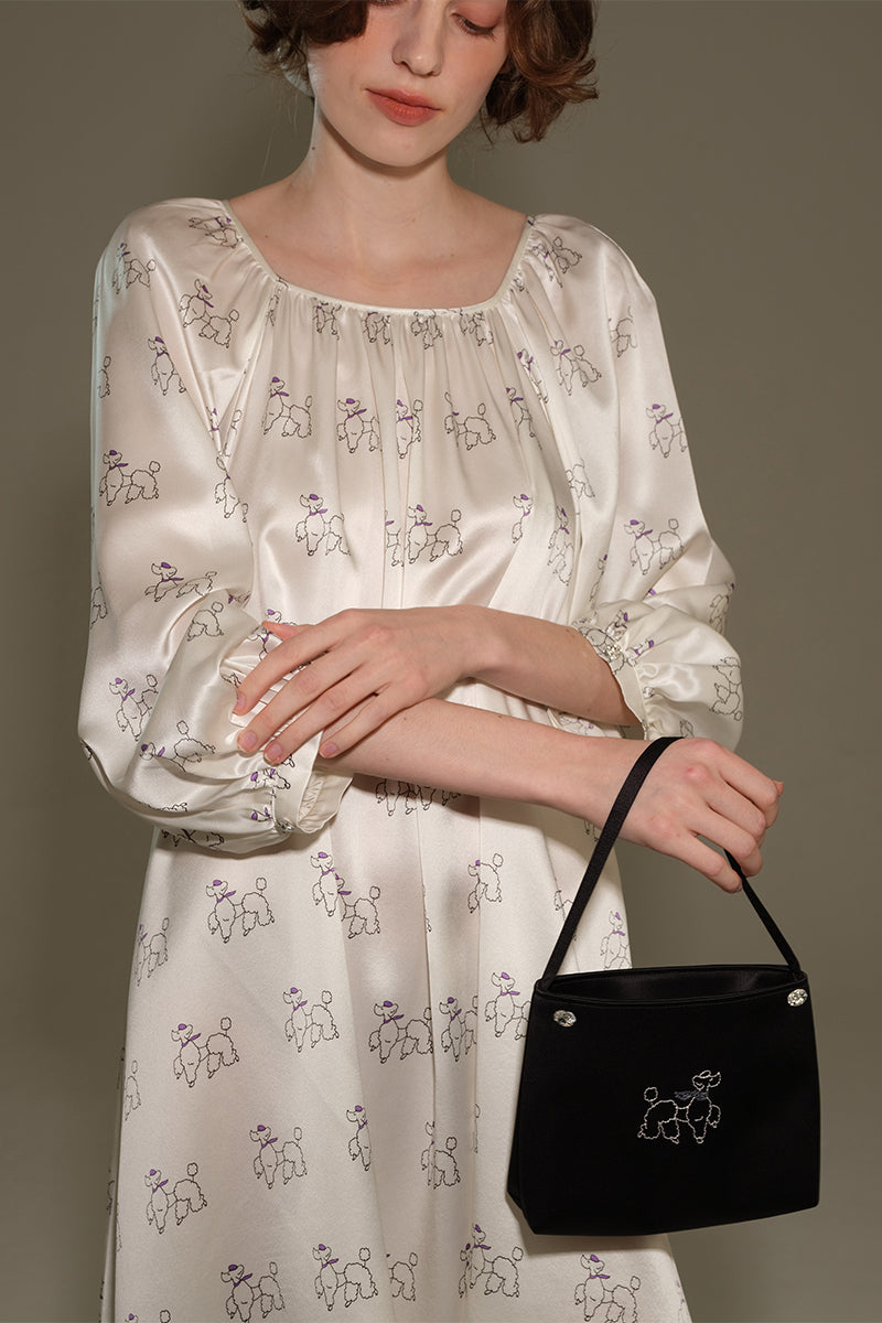 DIAMOND POODLES WHITE SILK PUFF SLEEVE DRESS - CULT MIA