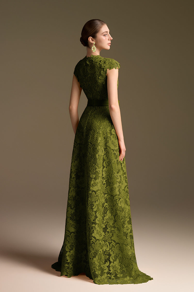 Green lace V-neck A-line gown by I.H.F, featuring intricate lace details and a flowing silhouette.