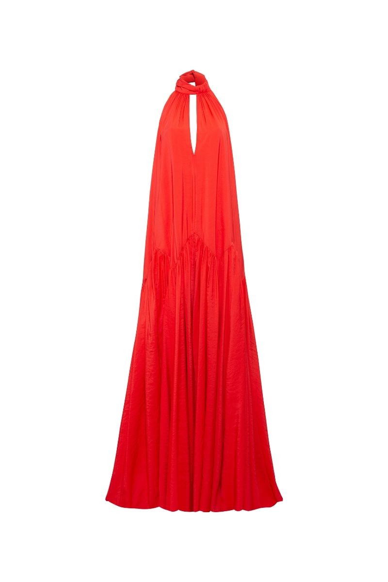 Sisters Talia maxi dress in Scarlet Bloom with floral pattern, flowing fabric, and sleeveless design ideal for summer wear.