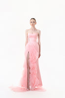 Blush pink strapless ruffle slit gown by Happy Clothing, flowing fabric with elegant ruffle details and a high slit.