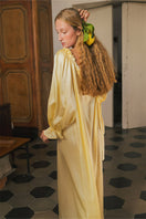 Brown silk custom gown robe by Not Just Pajama, featuring a luxurious fabric and elegant design, displayed on a mannequin.