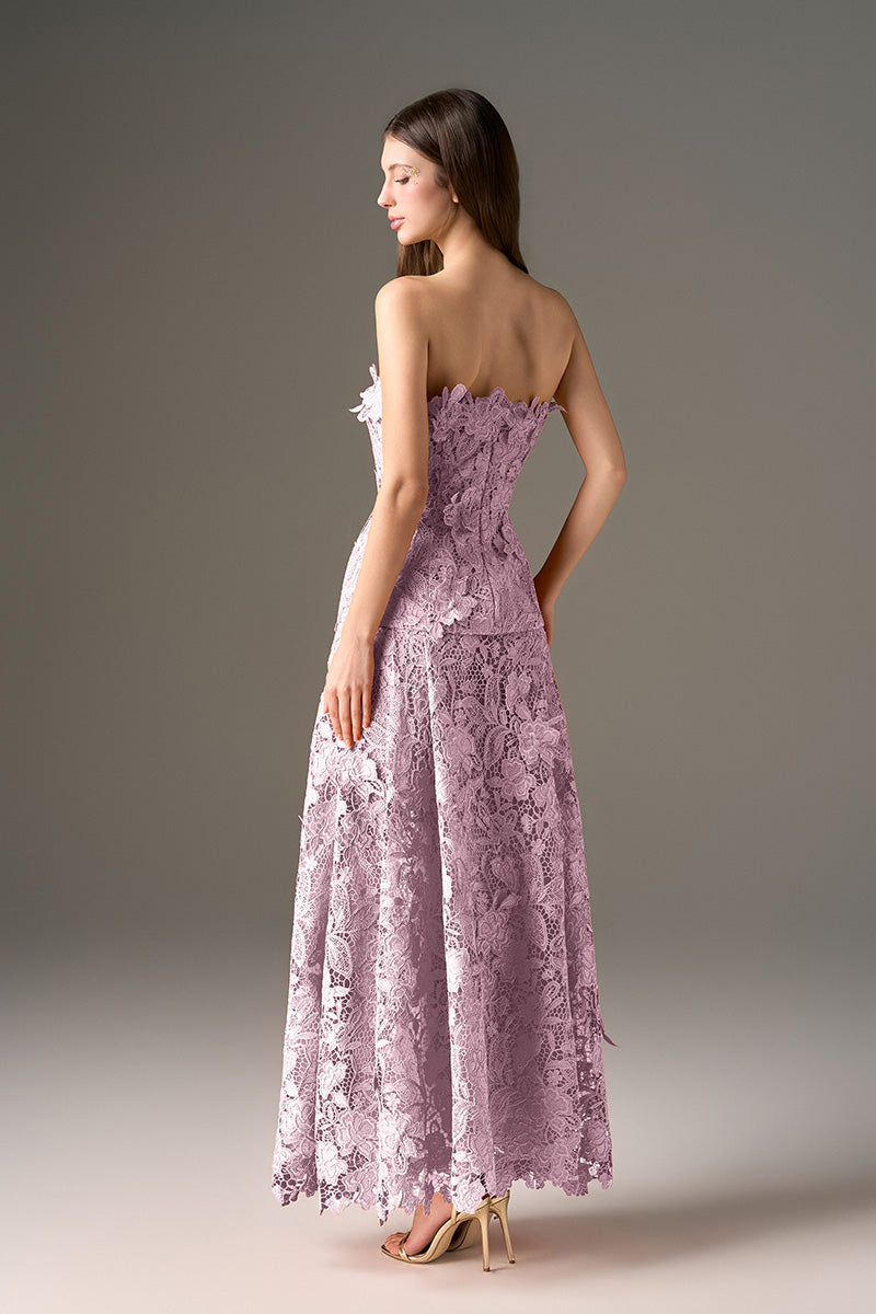 Purple floral garden strapless maxi dress by I.H.F Studio with an A-line silhouette, perfect for elegant summer occasions.