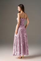 Purple floral strapless maxi dress from I.H.F Studio's CULT MIA X I.H.F collection, featuring an A-line silhouette and elegant design.