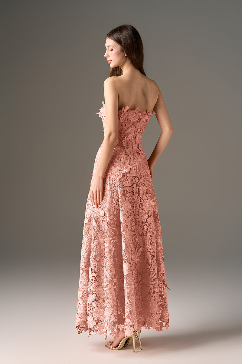 Pink floral strapless maxi dress by I.H.F Studio featuring an A-line silhouette and elegant design, perfect for summer occasions.