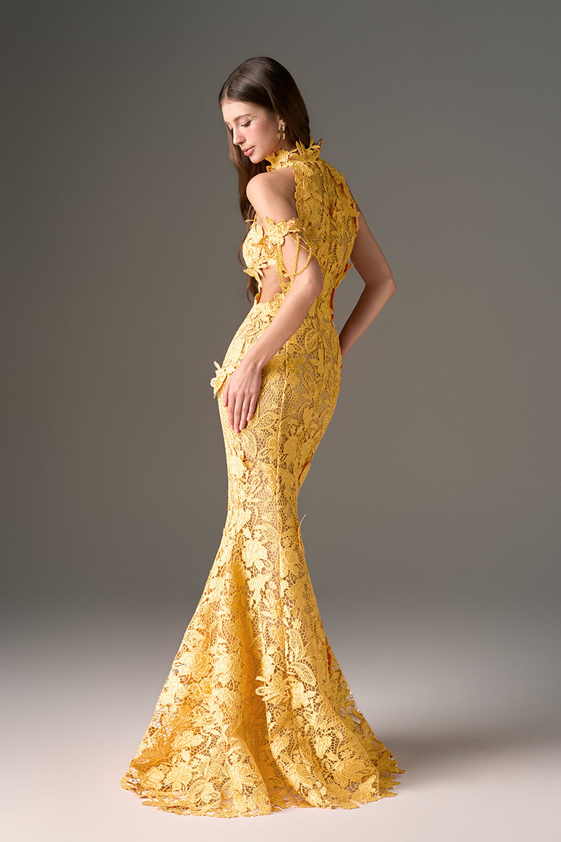 I.H.F Studio CULT MIA X floral garden yellow lace maxi dress, flowing fabric and intricate lace details, perfect for summer occasions.