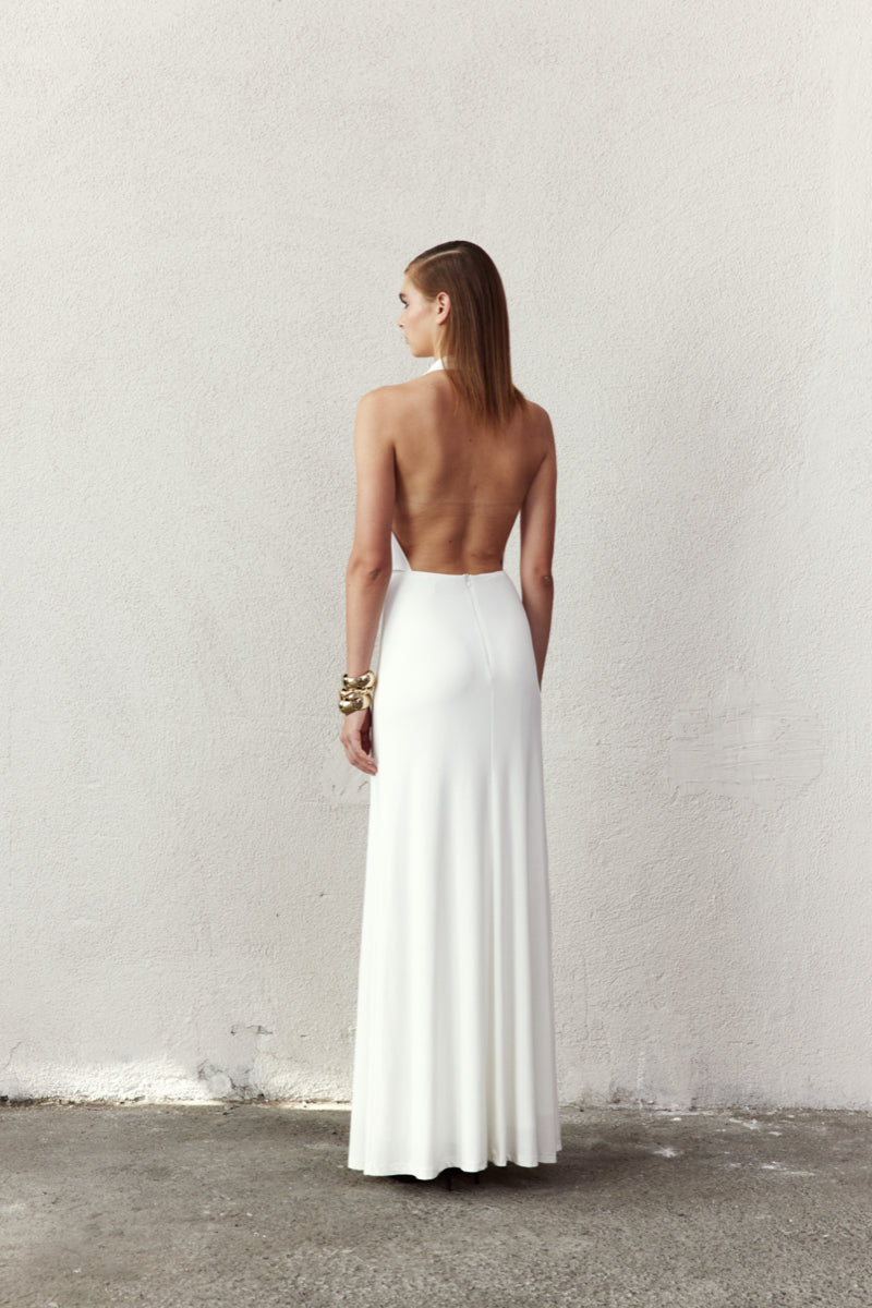 White Nazlı Ceren Dakota long jersey maxi dress with a flowing silhouette and elegant design, perfect for casual or formal occasions.