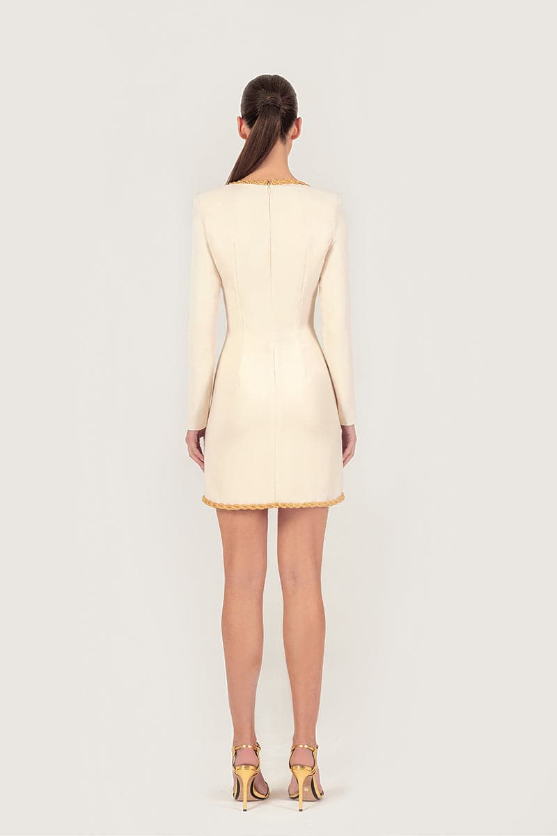 GOLD THREAD-EMBROIDERED CREPE MINI DRESS - CULT MIA