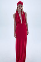 Red INES Jersey Long Dress by Nazlı Ceren, a stylish maxi dress with a sleek, flowing design and long sleeves.