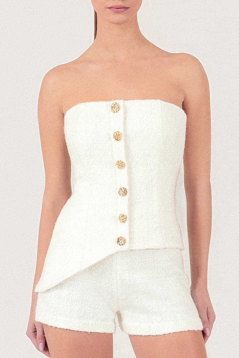 REBECCA METAL TRIM ACCENT CORSET TWEED TOP - OLIVE