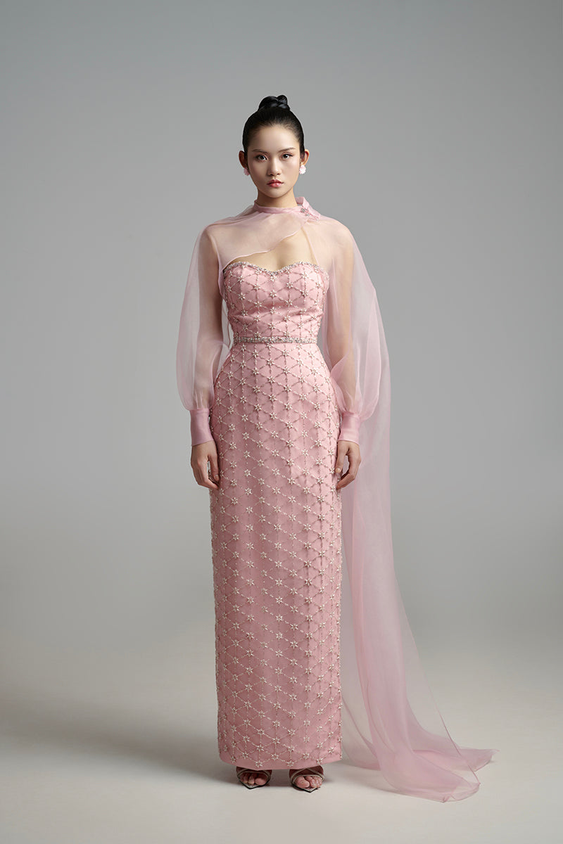 PEARL STRAIGHT LONG DRESS WITH SCARF DETAIL