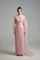 Elegant pearl straight long gown with scarf detail by Happy Clothing, featuring a sleek design and flowing fabric.