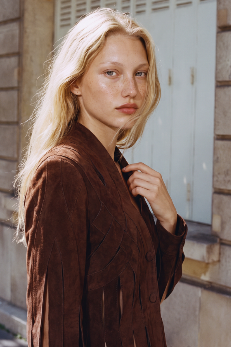 Double A CULT MIA X Brianna suede brown jacket, showing front view with collar and button details.