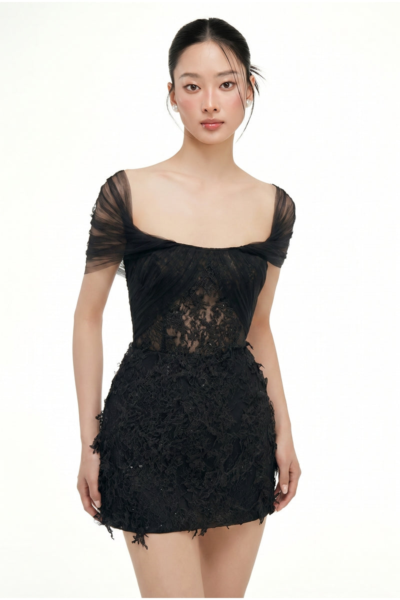 Black lace mini dress by 21Six, featuring a fitted silhouette and delicate lace details, shown on a model.