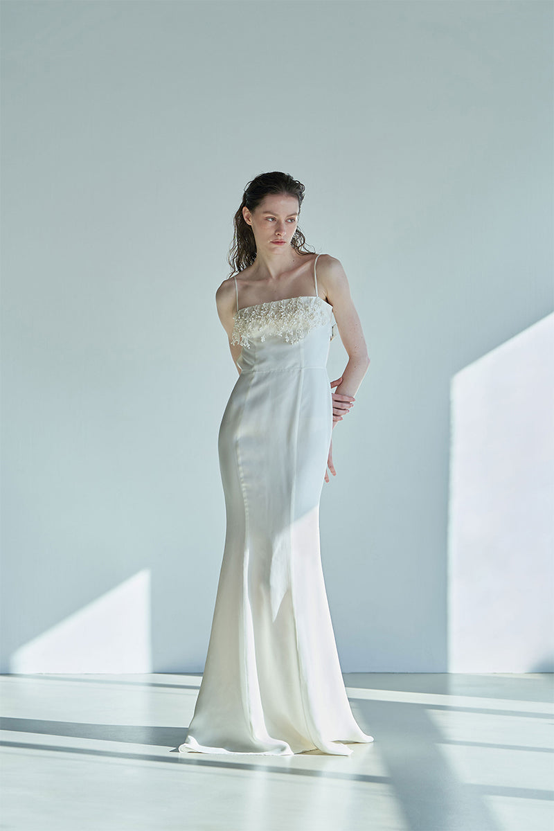 Ivory botanic embellished cupro gown by JINSUN featuring intricate floral details and elegant flowing fabric.