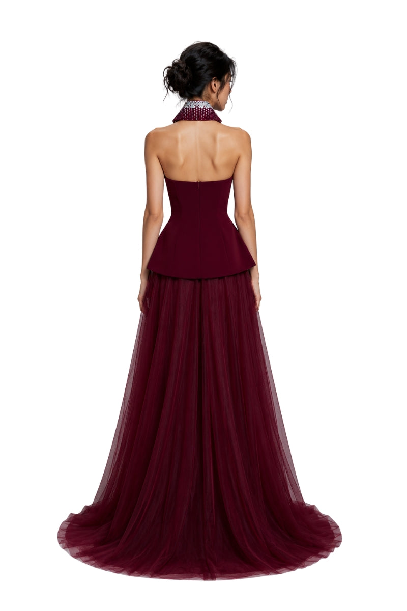 Lili Blanc burgundy floor-length evening gown with elegant fit and flowing fabric, perfect for formal occasions.
