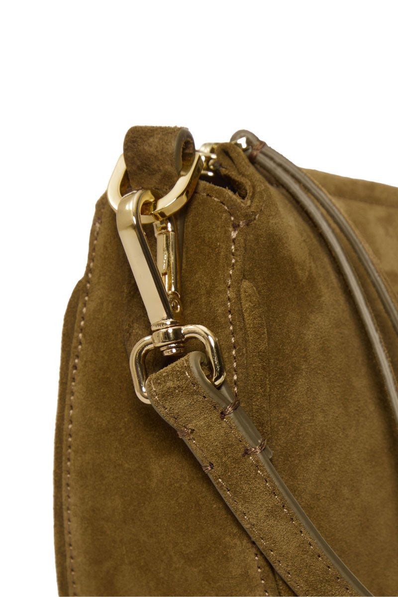 VIKELLE STUDIO Denise mini shoulder bag in olive green with adjustable strap and compact design.