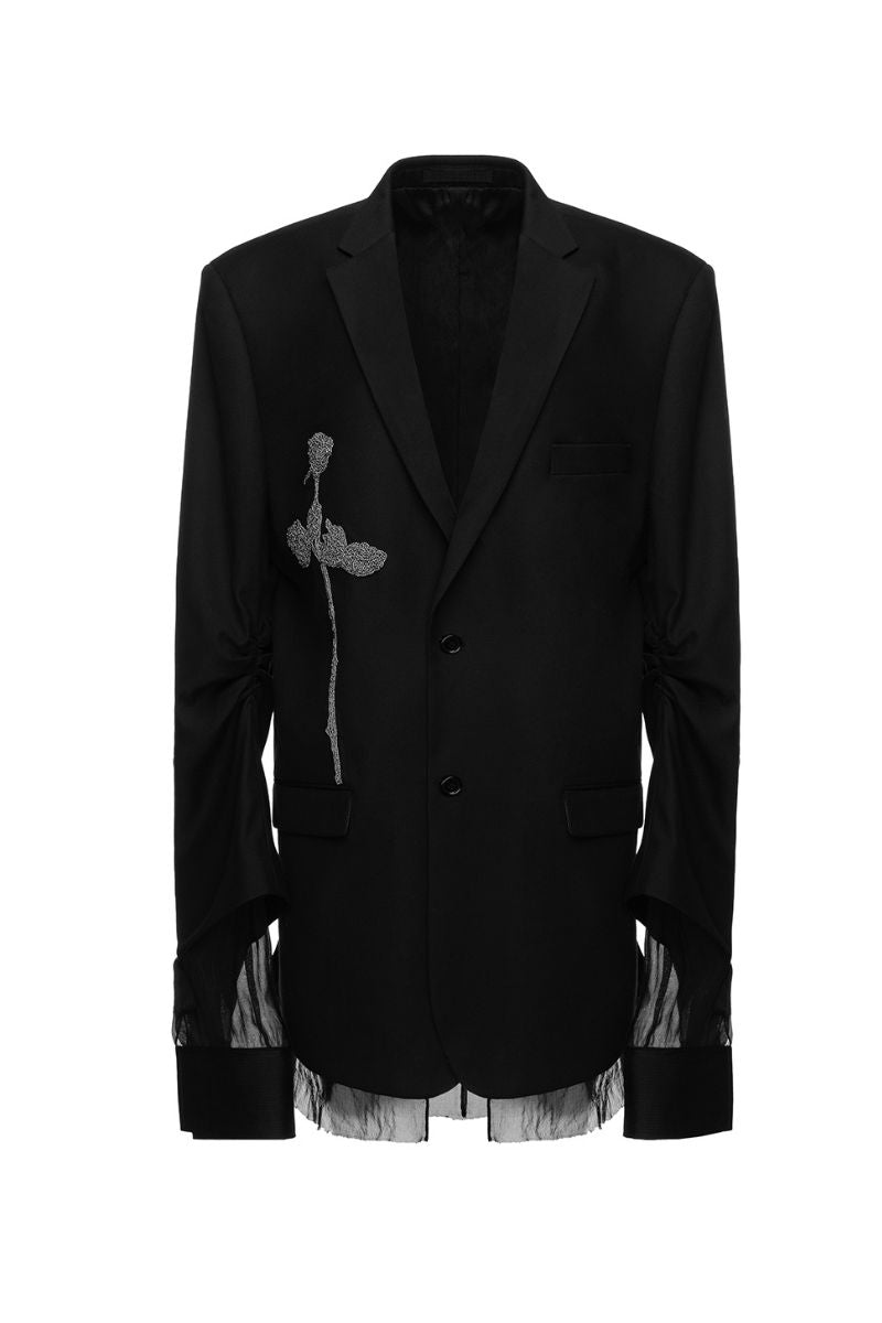 OVERSIZED BLAZER WITH BEADED EMBROIDERY IN BLACK - CULT MIA