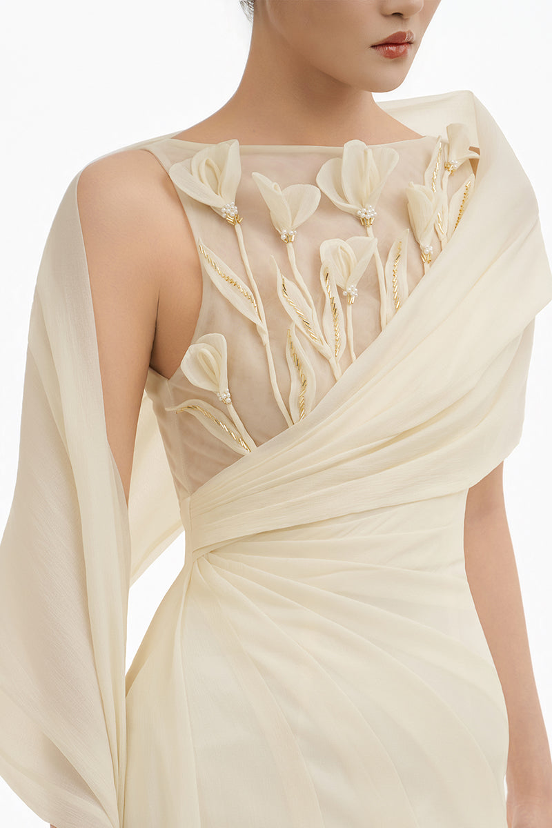 Elegant ethereal petal one-shoulder maxi dress by Happy Clothing, flowing fabric and floral design perfect for formal occasions.