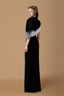 Black crepe de chine taffeta gown by I.H.F, featuring elegant fabric and a flowing silhouette, perfect for formal occasions.