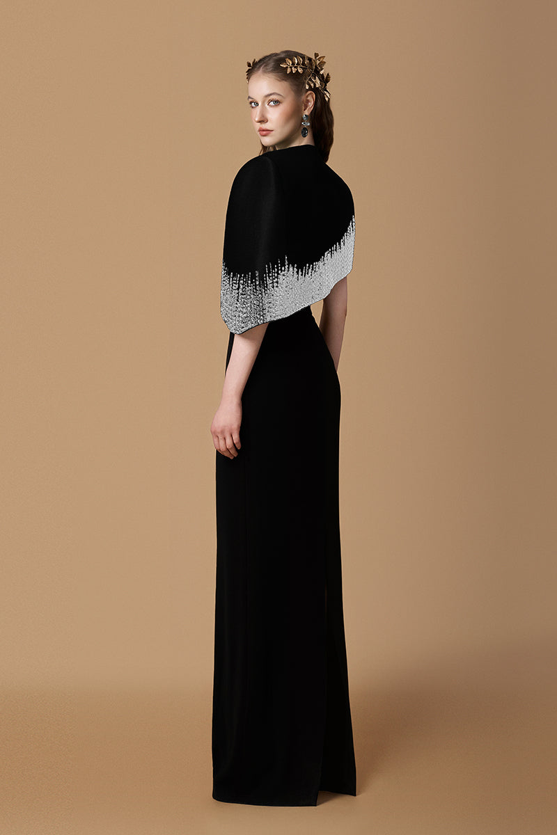 Black crepe de chine taffeta gown by I.H.F, featuring elegant fabric and a flowing silhouette, perfect for formal occasions.