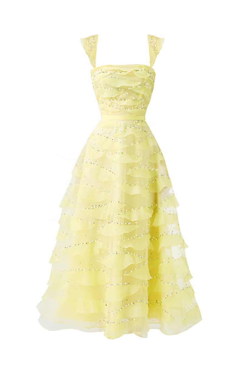 LIGHT YELLOW ORGANZA LAYERED MIDI DRESS - CULT MIA
