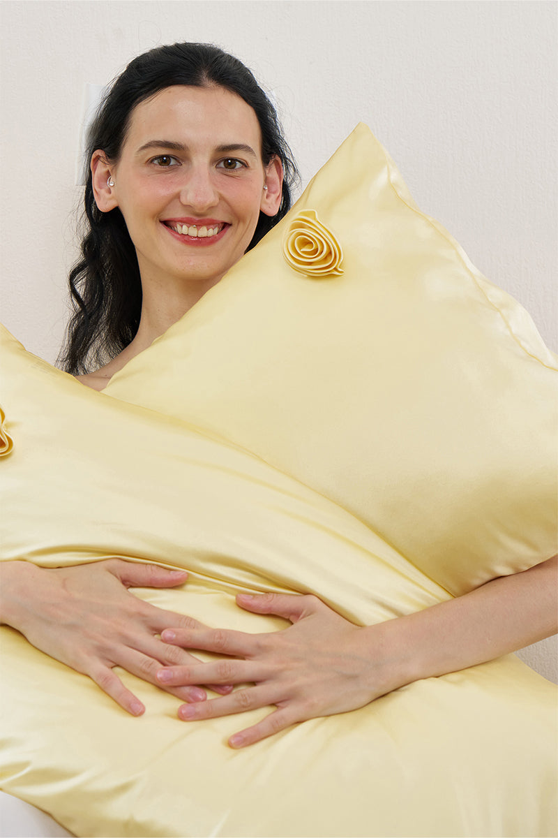 TUSCAN ROSE SILK PILLOWCASE IN YELLOW - CULT MIA