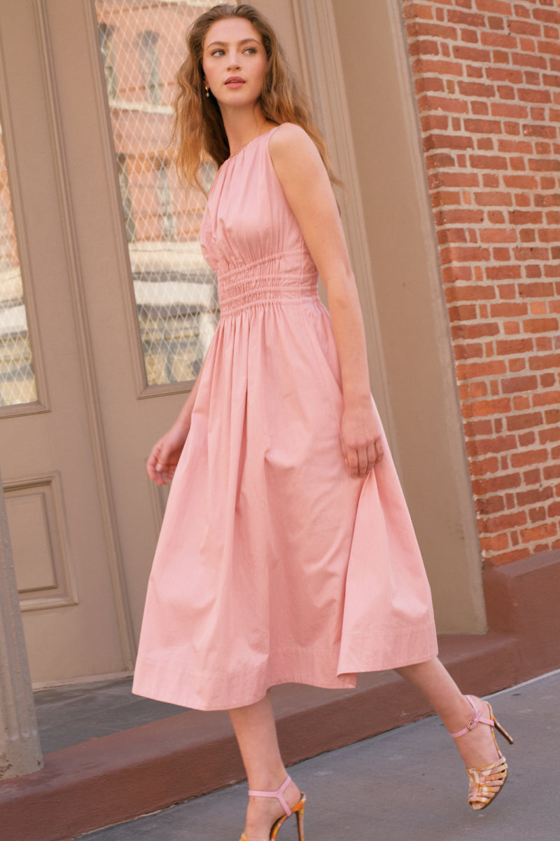 Rebecca Taylor Emelia midi dress in vintage rose with a floral pattern, featuring a fitted waist and flowing skirt.