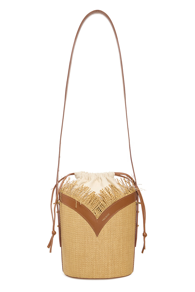 Beige Vikele Studio shoulder bucket bag with a rounded shape and adjustable strap, stylish and spacious for everyday use.