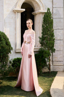Elegant off-shoulder bamboo taffeta gown by Tracy Studio featuring a flowing design and sophisticated silhouette.